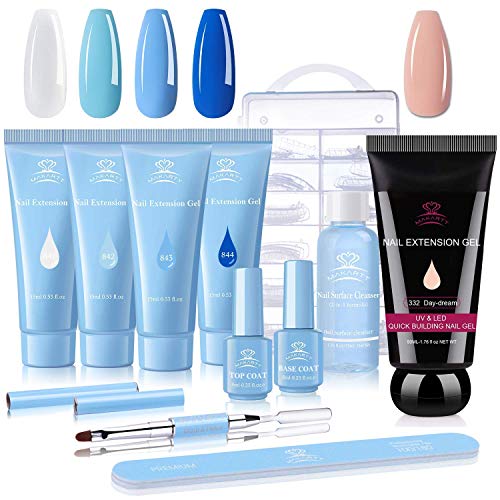 Makartt Poly Nail Extension Gel Bundle, Blue Nail Builder Gel Kit 15ML with Nude Poly Extension Gel 50ML