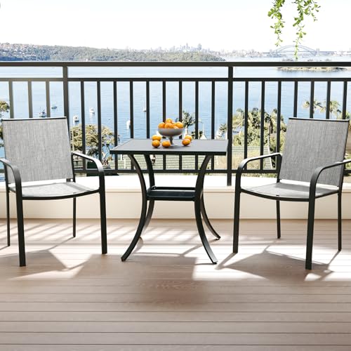 Image of Anmutig 3-Piece Outdoor Dining Set, Small Metal Bistro Table with 2 Stackable Patio Chairs, 27.5 x 27.5 Inch Square Table, Grey Fabric