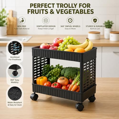 Image of wall love Plastic Storage Rack Trolley with Wheels for Kitchen, Bathroom & Bedroom - Multipurpose Organizer Shelf Rack for Fruits, Toiletries, Snacks and Household Storage (2 Layer)