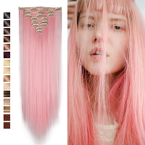 S-noilite 26" Long Straight Curly Light Pink 8 Pieces Clip in on Hair Extensions Full Head Set Thick Hairpiece Synthetic Hair Extensions for Girl Lady Women USA Local Post