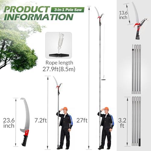Image of Walensee Pole Saws for Tree Trimming, Extendable Tree Pruner,Manual Branch Timmer with Blade and Scissors High Branches Pruning Fiberglass Pole Pruner and Cutter Garden Tool with Storage Bag 7.2-27FT