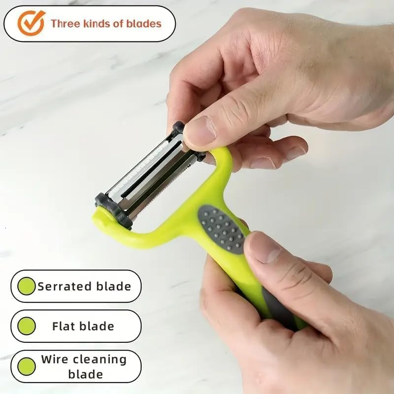 Image of Multi-Functional Vegetable Peeler for Kitchen | Stainless Steel Peeler with Wooden Handle & Bottle Opener | Single Blade for Fruits | 1 Piece (3 in 1 Rotary Multi-Functional Peeler)
