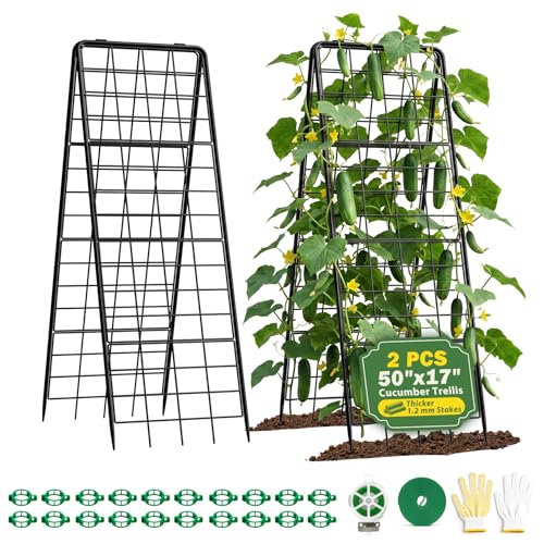 Heavy Duty 2 Pack 50'x17' Adjustable A-Frame Trellis for Climbing Plants Outdoor, Metal Rust-Proof Garden Trellis, Dense Grid Climbing Frame Trellis for Raised Beds, Cucumber, Tomatoes Outdoor