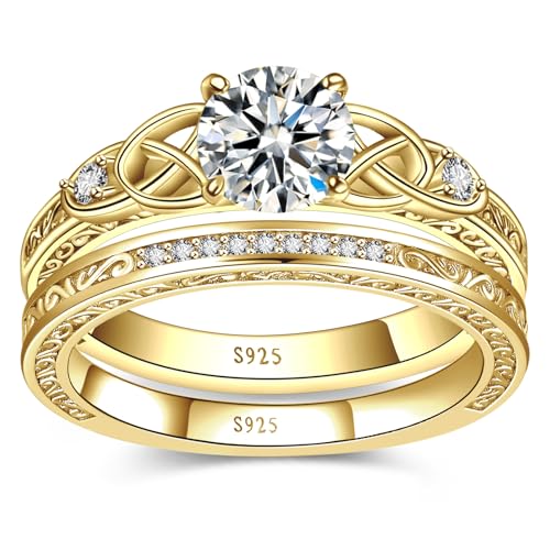 Vintage Celtic Knot Wedding Ring Set for Women 14K Gold Plated Sterling Silver Engagement Ring Set Bridal Ring Sets for Women Cubic Zirconia Engagement Ring Cubic Zirconia Ring Sets Size 9