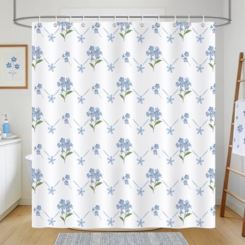 COZZSNUGE Cortina de Ducha Blanco Azul Flores, Cortina de Baño Floral Hojas Planta Moderno Minimalismo 180 x 180 cm Poliéster Impermeable Resistente al Moho con 12 Ganchos