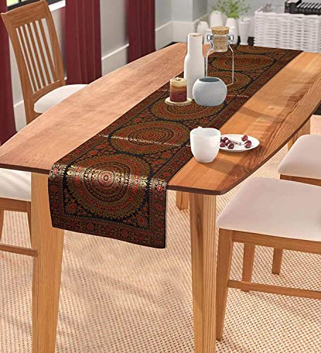 Image of Diwali Decor Brocade Jacquard Silk Table Runner Long Runner for Dinning & Centre Table Mandala Print 72 x 16 Inches (Black)