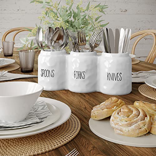 Barnyard-Designs-Silverware-Caddy-for-Countertop-Cutlery-Organizer-for-Spoon-Fork-and-Knife-Ceramic-Utensil-Holder-for-Flatware-or-Plasticware-Perfect-for-Parties-125-x-425-x-5-White Barnyard Designs Silverware Caddy for Countertop Cutlery Organizer for Spoon Fork and Knife Ceramic Utensil Holder for Flatware or Plasticware Perfect for Parties 125 x 425 x 5 White