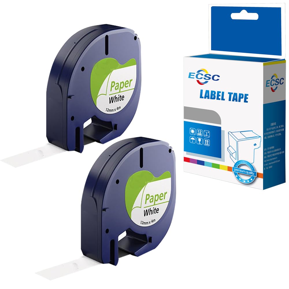 ECSC Compatible Label Tape Replacement for Dymo LetraTAG QX50 LetraTAG XR Label Tape S0721510 (12mm x 4m) (Black on White, 2-Pack)