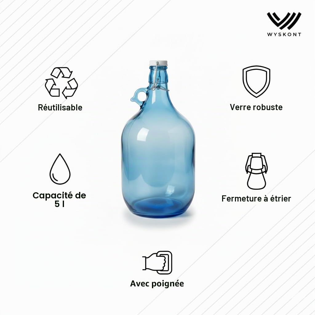 Bouteille en verre ronde en forme de ballon - Bleu/bleu mer - Bouteille en verre de 5 litres avec poignée et bouchon à étrier - 1 pièce (bleu mer 5 l, 1 pièce)