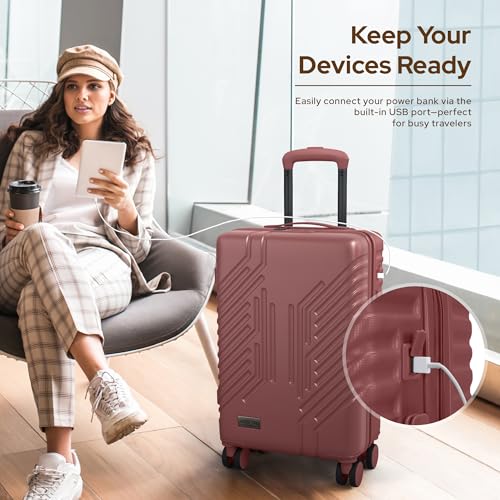 alpha pak Carry On Luggage, Spinner Wheels Airline Approved 20 inch Lightweight Hard-shell Suitcase with Built-in TSA Lock and USB Port, Burgundy2