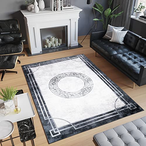 TAPISO Victoria Tapis Antidérapant Lavable Poil Court Tapis de Salon Chambre Salle à Manger Bureau Entrée Adulte Design Moderne Graphite Gris Motif Grec...