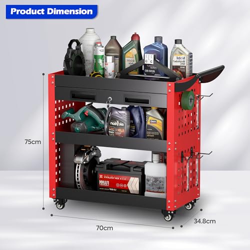 SUPEER Werkstattwagen Werkstatt-Rollwagen Montagewagen 78x35x70 cm,mit Abschließbare Schublade und Pegboard,4-Haken,Werkstätten,Lager Tragkraft 150 kg(Rot)