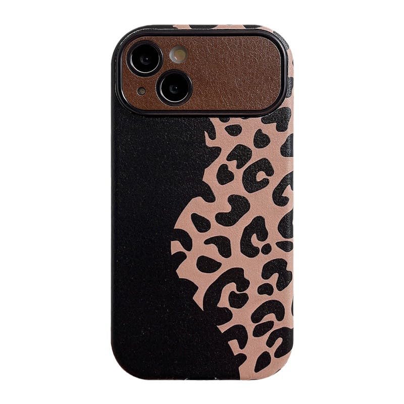 Funda Delgada para iPhone 15 Pro Max/15 Pro/15, Moda Leopardo Estampado Patrón Cuero Carcasa, Cámara Lente Protección Cubierta,Negro,15