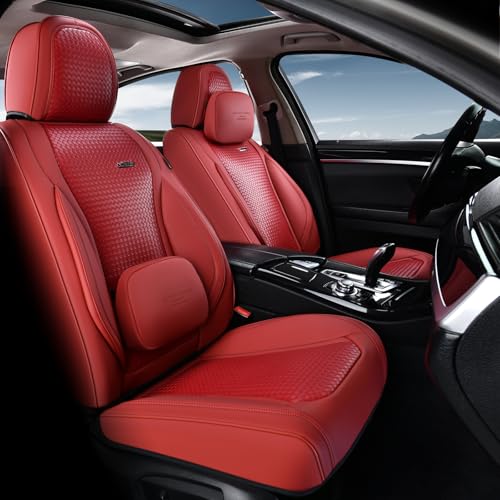 Image of Coverado Seat Covers, Car Seat Covers Front Seats, Waterproof Nappa Leather Auto Seat Cover with Lumbar Head Pillow, Red Seat Covers Carseat Cover Universal Fit for Most Cars