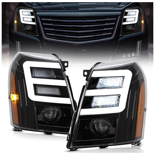 HECASA Headlight Compatible with 2007-2014 Cadillac Escalade w/LED Tube Day Running Light LED Projector
