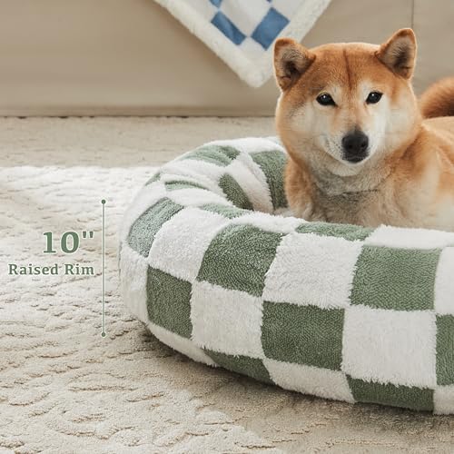 Checkered Dog Bed, Cute Sage Green Retro Style Aesthetic Round Warming Pet Calming Beds for Small Dog and Cats, Plush Cozy Donut Washable, 30" L x 30" W x 8" Th - Image 4