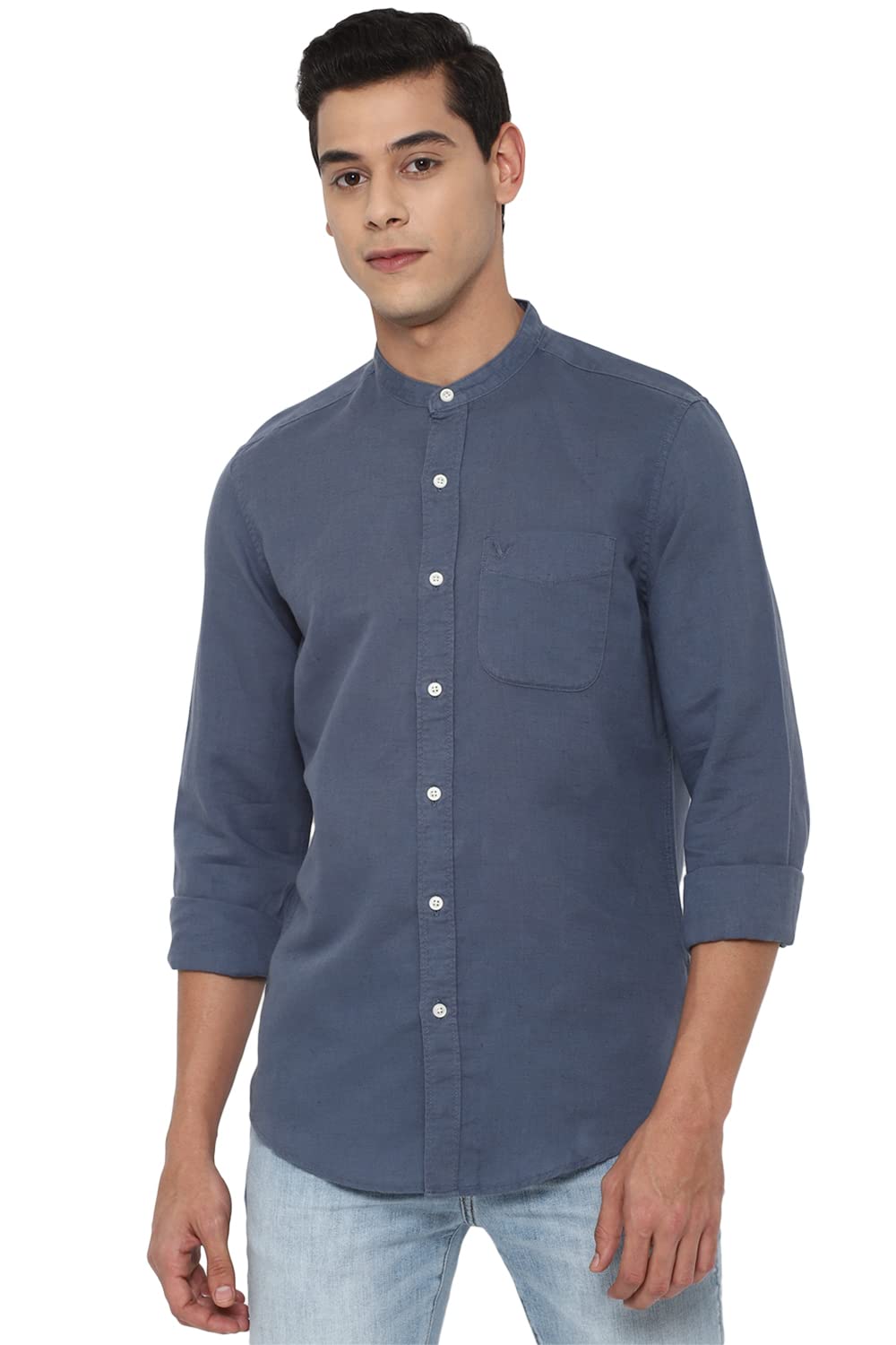 American Eagle Men Linen Band Collar Button Up Shirt