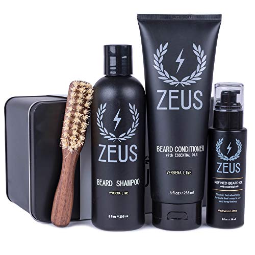 ZEUS 100% Vegan Beard Care Set - Natural Plant Fiber Handled Brush with Vegan Formula Oil, Shampoo, and Conditioner (Verbena Lime)