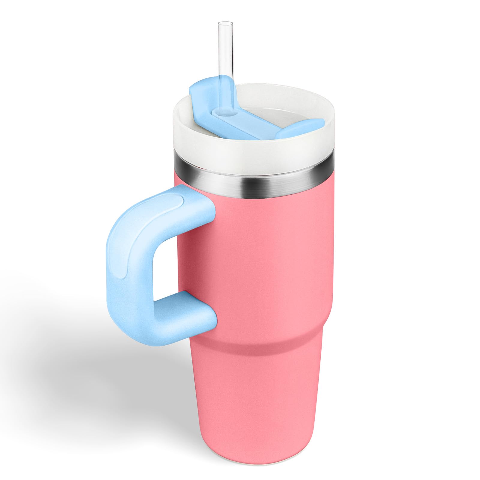 Bestaa 14oz Tumbler mit Griff und Stroh, Thermobecher mit Strohhalm umbler mit Deckel und Stroh, 304 Edelstahl, Schule Sport im Freien (Rosa Blau)