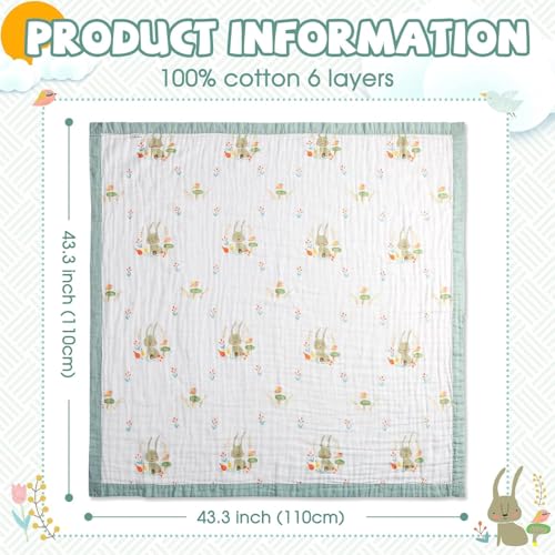 Image of Kassy Pop Printed 6 Layer Bamboo Muslin Blanket Cum Swaddling Towel for Baby, Toddlers | 70% Bamboo, 30% Cotton | AC Quilt, Multi-Purpose Blanket | 110cm x 110cm (Rabbit Print)