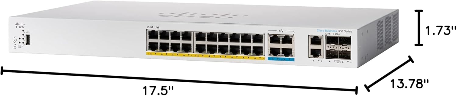 Cisco Catalyst 1300-24MGP-4X Managed Switch, 16 Port GE, 8 Port 2.5GE, PoE, 4x10GE SFP+, Limited Lifetime Protection (C1300-24MGP-4X)