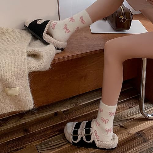 LIFKOME Fuzzy Socks for Women Fluffy Comfy Cozy Socks with Bow Pattern Winter Warm Home Socks Cozy Sleeping Socks2