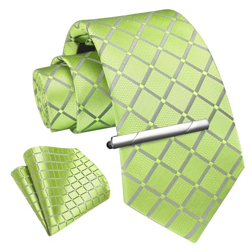 Image of Enlision Ties for Men Plaid Stripe Tie Handkerchief Woven Classic Formal Necktie Pocket Square Clip Set