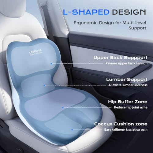 Image of Coverado Car Seat Cushion and Lumbar Support Pillow One Piece, Memory Foam Ergonomic Back Support Driving Seat Cushion for Back Pain, Non-Slip Washable Cushion for Car, Driver, Office