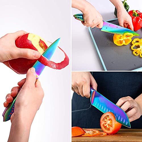 Wellstar Rainbow Kitchen Knives 9 Pieces Set, Chef Santoku Paring Knives And 6 Piece Serrated Steak Knives, Iridescent Titanium Coating Stainless Steel Knife Set #TOP6