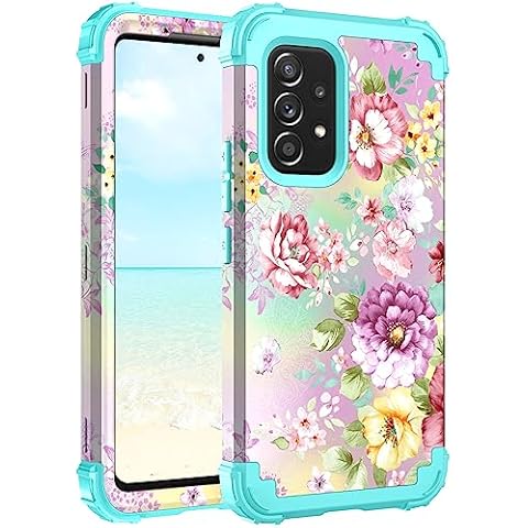 Hocase for Galaxy A53 5G Case, Heavy Duty Shockproof Protection Soft Silicone Rubber Bumper+Hard Plastic Hybrid Protective Case for Samsung Galaxy A53 5G (6.5" Display) 2022 - Purple Florals/Teal Cover