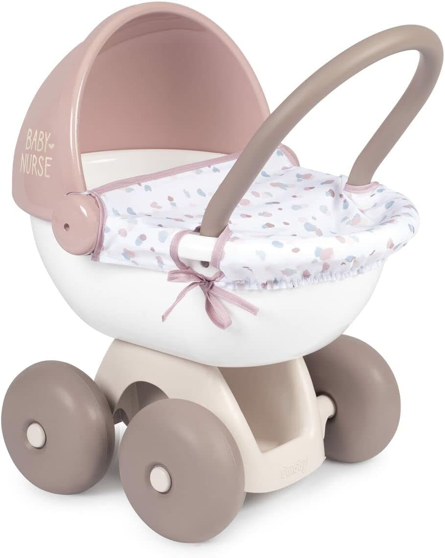 Smoby - Baby Nurse - Cuddly Pram - for Dolls and Dolls up to 42 cm - Silent Wheels - Storage Tray - Washable Fabric - From 18 Months - Made in France