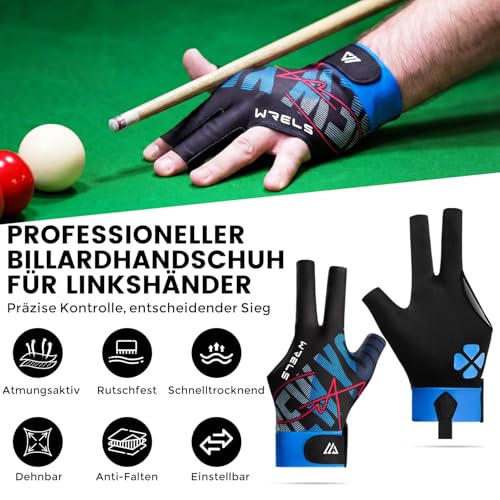 WRELS Professioneller, Rutschfester Billard Handschuh für die Llinke Hand, 3 Finger, Verstellbar, für Damen und Herren