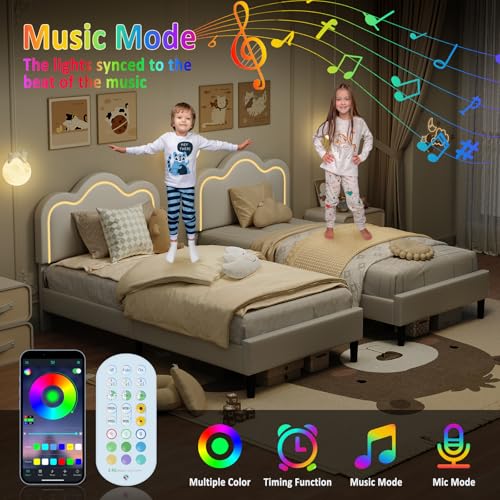 Image of GarveeHome Twin Upholstered Smart LED Bed Frame with Headboard, PU Leather Princess Platform Bed Frame for Kids, Wooden Slats Support, No Box Spring Needed (Vanilla)