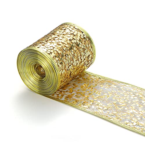Christmas Sparkling Glitter Mesh Ribbon for Gift Wrapping Christmas Tree Wreath DIY Crafts, Gold Wired Edge Metallic Ribbons for Home Farmhouse Party Decoration, 2.5