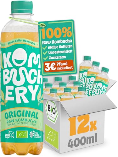 KOMBUCHERY® Original Raw Kombucha BIO | 12 x 400ml | Fermentierter Tee mit aktiven Darm-Kulturen | Zuckerarm & Kalorienarm | Unpasteurisiert, Probiotisch, Vegan, Testsieger | inkl. 3€ PFAND