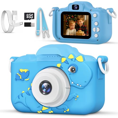 Kids Camera for 3, 4, 5, 6, 7, 8, 9 Year Old Boys Girls – 1080P HD Kids Video Camera, Dinosaur Christmas Birthday Gifts Dual Lens Digital Camera with Games, Toys for Toddlers - 32GB SD Card
