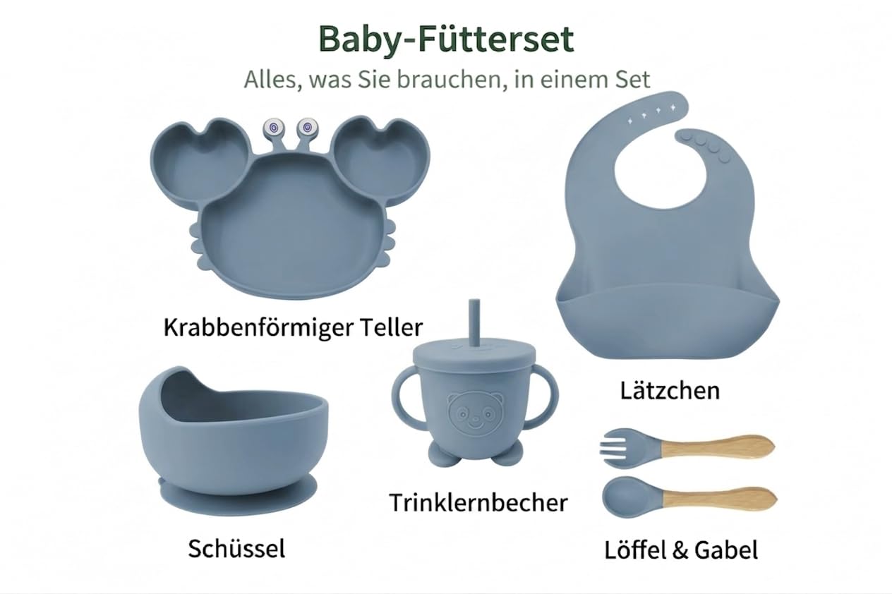 Eliano Lot de 6 assiettes en silicone pour bébé avec assiette crabe – Vaisselle antidérapante pour bébé avec ventouse, gobelet avec paille, cuillère, fourchette et bavoir – Sans BPA, passe au