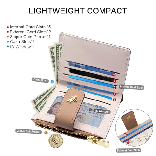 LJCZKA Small Wallets for Women Bifold Leather Zipper Pocket Wallet Credit Card Holder Floral Purse Girls Ladies with ID Window (Khaki)4
