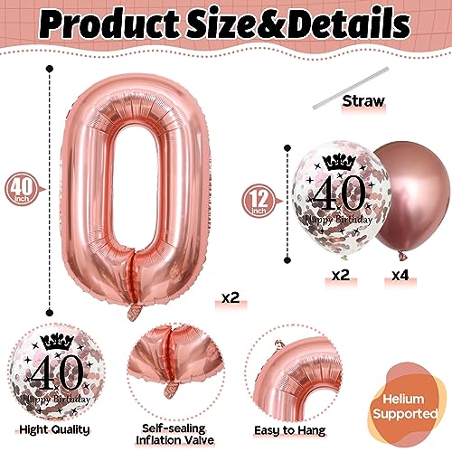 Image of 40th Birthday Balloons Rose Gold, 40th Birthday Decoration for Women with Large Foil 40 Number Balloons 12 Inch Rose Gold Birthday Print Confetti Balloon Metallic Balloons for 40th Birthday Decor