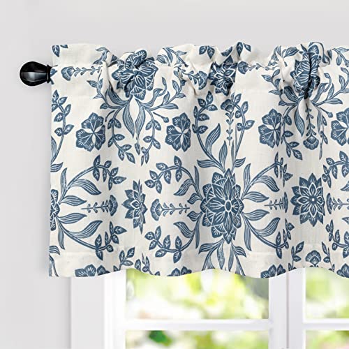 Driftaway Twyla Linen Blend Blackout Valance For Kitchen 18 Inch Length Boho Floral Printed Lined Rod Pocket Room Darkening Window Curtain Valance For Living Room Bedroom 52X18 Inch Ivory Navy #TOP27