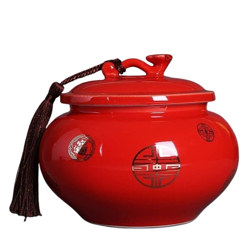 GJGHKLHL sugar pot， Ceramic Tea Jar,Chinese Red Ruyi Caddy Kung Fu Set Large Storage Tank Sealed Pu'er Pot With Lid