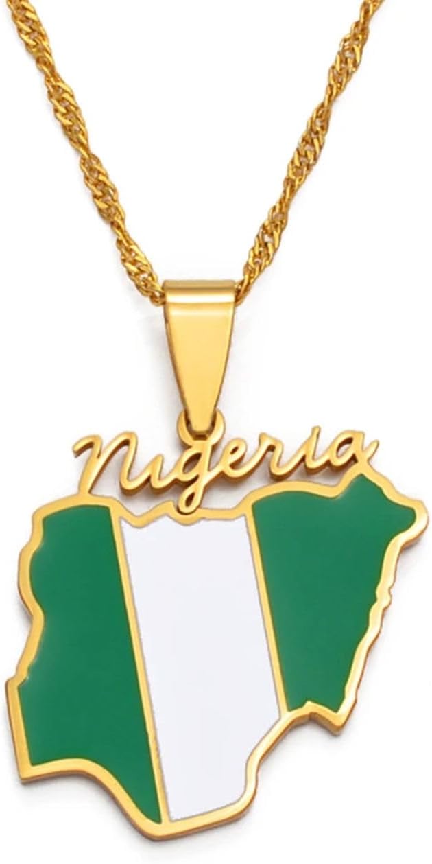 Nigeria Map Flag Pendant Necklaces for Men Women - Nigerian Maps Jewelry Patriotic - Meaningful Christmas and New Year Gifts Accessories With Bag