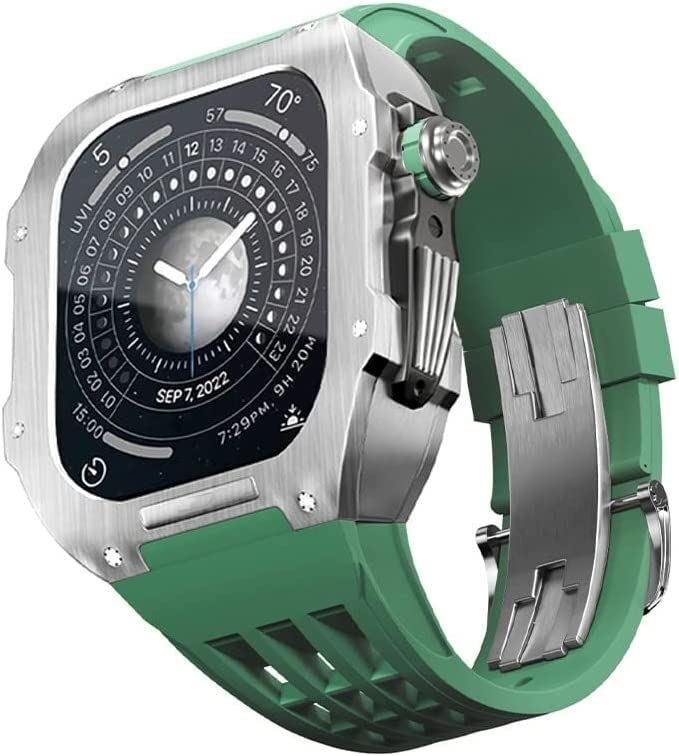 SCHIK Wytrzymała osłona ze stali nierdzewnej, gumowy pasek zastępczy, do zegarka Apple Watch 8, 7, 45 mm, 6, 5, 4, 44 mm, zestaw męski, metalowa ramka, pasek fluorowy, z zapięciem, akcesoria do
