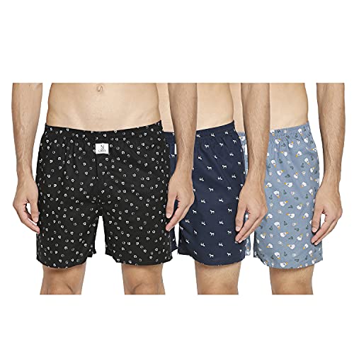 Image of Longies Cotton Mens Boxers Pack of 3 Regular Printed Shorts (LGBOXPO3VOO3 Black,Grey,Black3394 M)