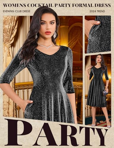 Dressystar Womens 3/4 Sleeves Bridesmaid Midi Dress Wedding Guest Formal Party Dresses Sparkly Cocktail Dress with Pocket4