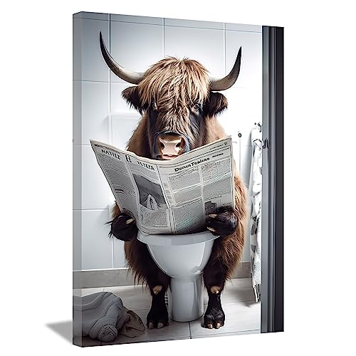 LZIMU Bathroom Highland Cow Wall Art Brown Cattle Sitting on Toilet Reading Newspaper Canvas Prints Funny Animals Posters Home Decor Framed (Bathroom-3