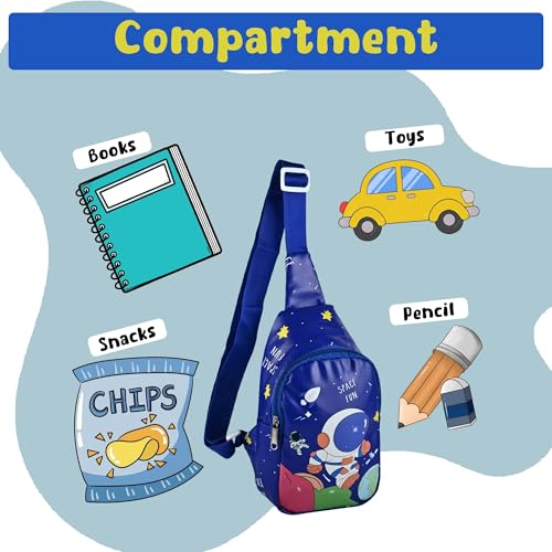 Image of Kids Space Theme Crossbody Chest Sling Bag, Navy Blue with Astronaut Print, Adjustable Strap, 17x13x6.5 cm, Perfect for School and Picnics