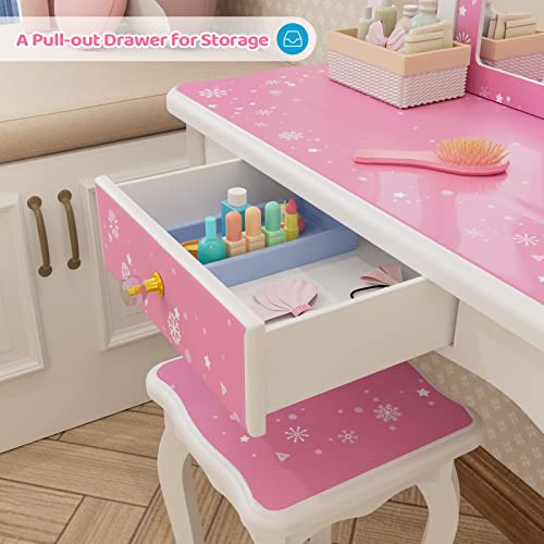 Joymor Kids Vanity Set, Wooden Princess Makeup Table With Stool, Tri-Folding Mirror, Large Drawer, Solid Wooden Legs Pretend Beauty Make Up Dressing Play Set For Girls Best Gift (Pink) #TOP3