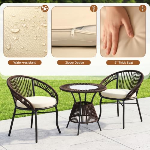 Image of DEVOKO Bliss 4 Seater Outdoor Patio Rope Conversation Set with Glass Top Table (Dark Brown /Cream), Powder-Coated Metal Frame & Water-Resistant Cushions for Balcony, Garden, Terrace