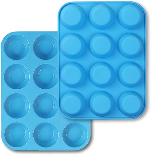 homEdge Molde de silicona para magdalenas de 12 tazas, paquete de 2 moldes antiadherentes para magdalenas, tartas, bocados de huevo, color azul
